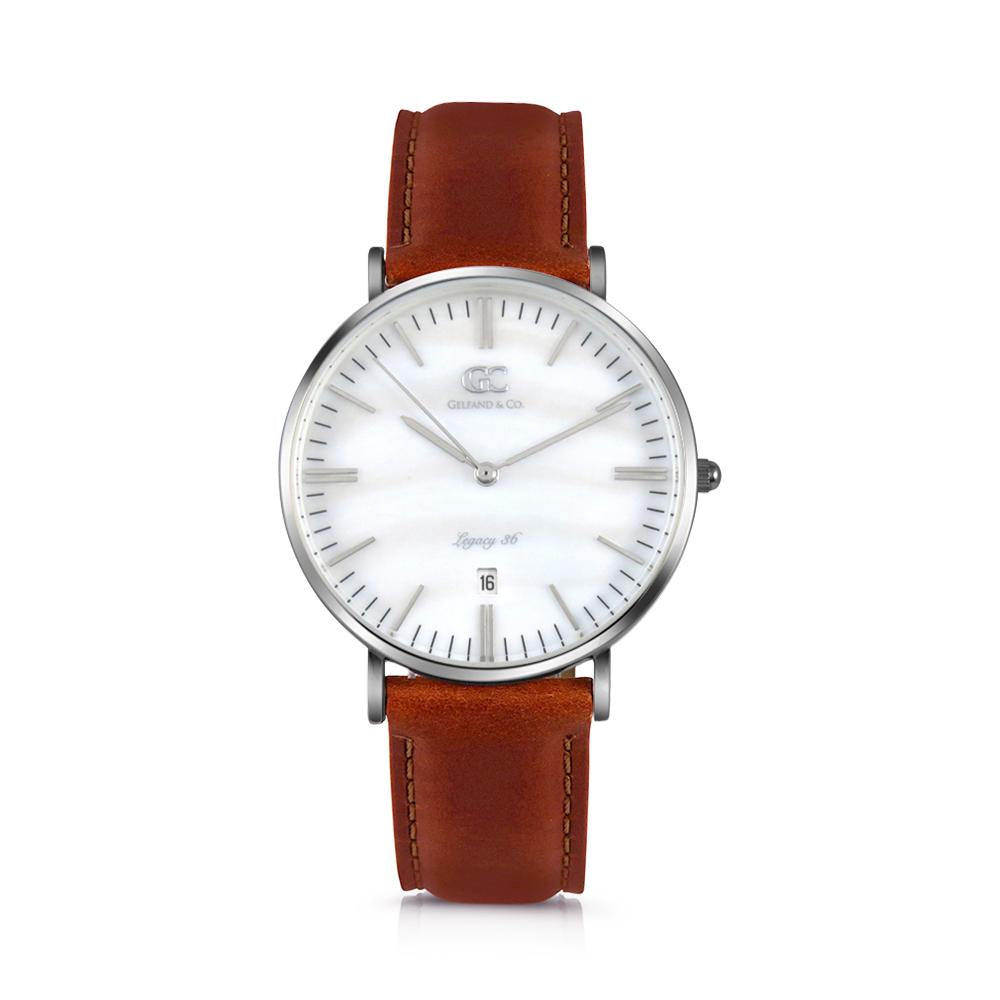 36mm Trinity TL13631 White Pearl Silver Brown Leather Women's Watch