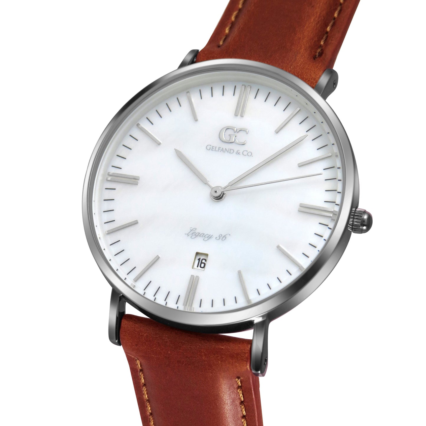 36mm Trinity TL13631 White Pearl Silver Brown Leather Women's Watch