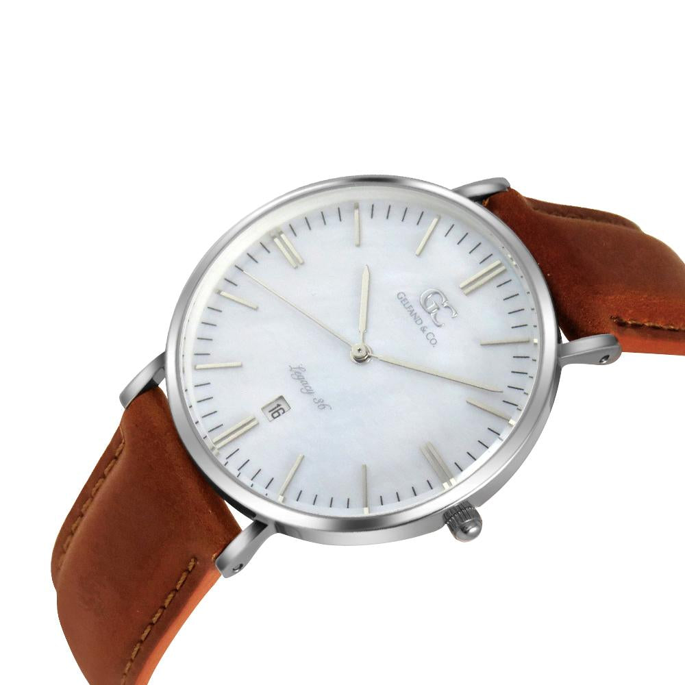 36mm Trinity TL13631 White Pearl Silver Brown Leather Women's Watch