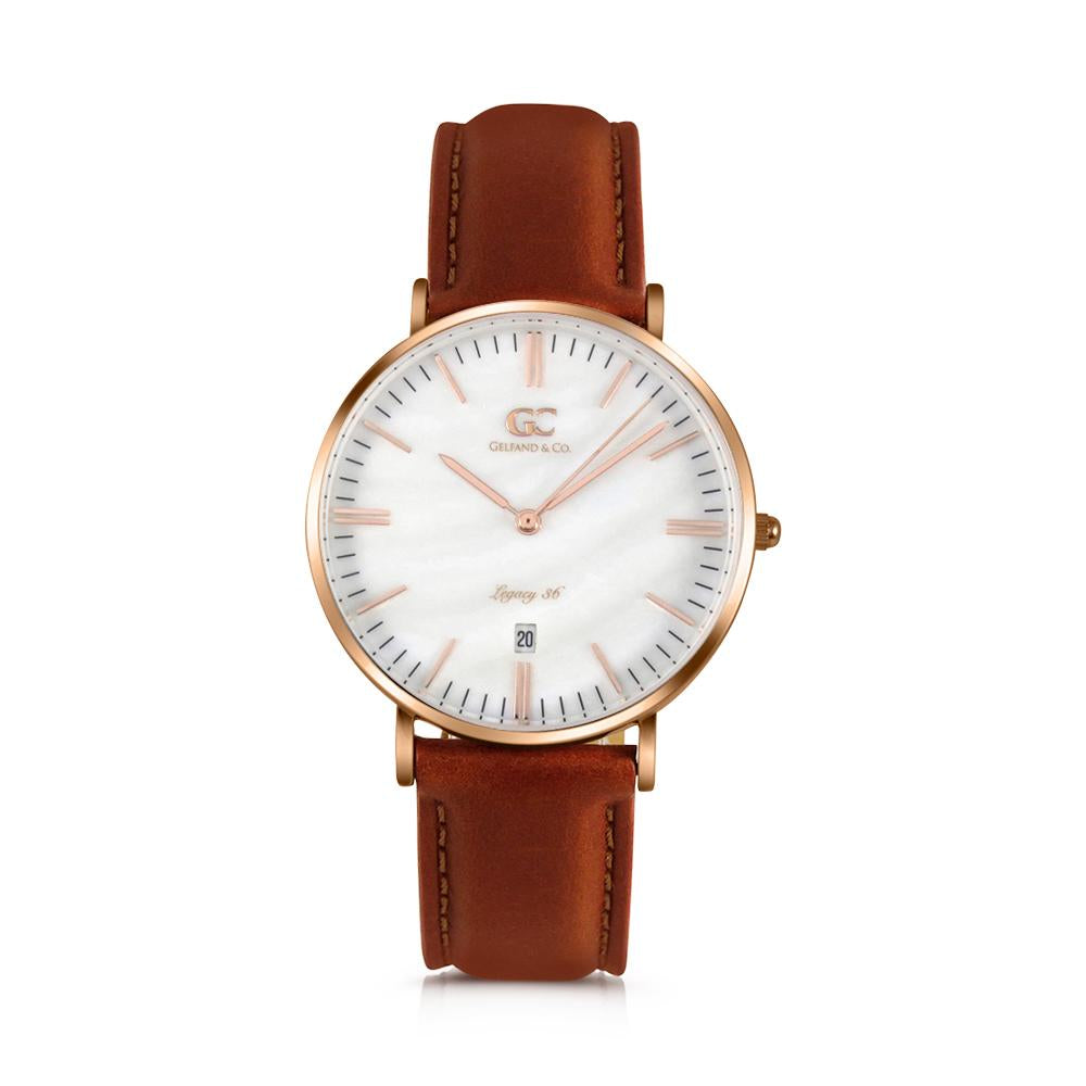 36mm Trinity TL13632 White Pearl Rose Gold Brown Leather Women's Watch