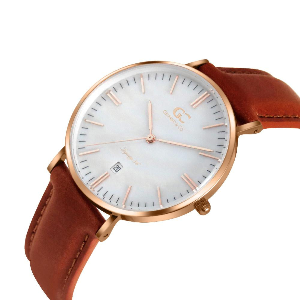 36mm Trinity TL13632 White Pearl Rose Gold Brown Leather Women's Watch