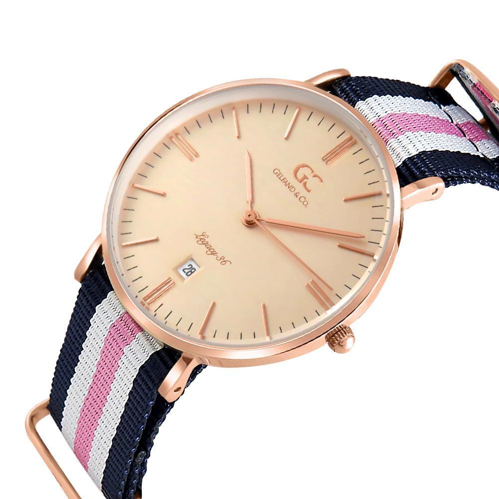 36mm Vestry TL13658 Peach Rose Gold Pink White Navy Blue Nylon Nato Band Strap Women's Watch