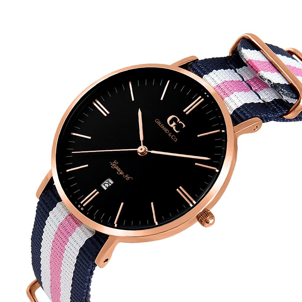 36mm York TL13670 Black Rose Gold White Pink Navy Blue Nylon Nato Strap Band Women's Watch