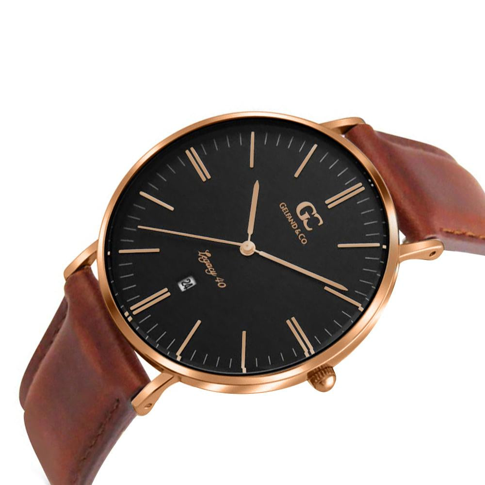 40mm Barclay TL14022 Black Rose Gold Brown Leather Strap Men's Watch