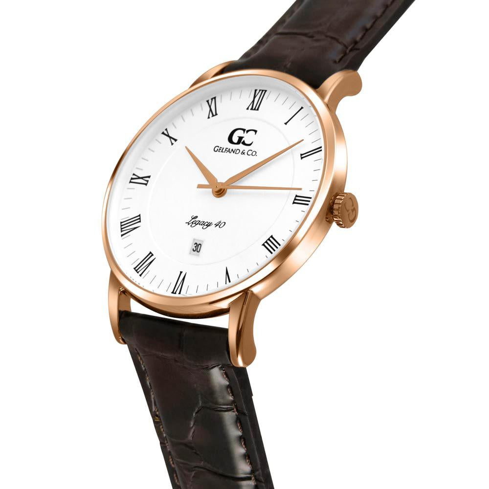 40mm Brookfield RN14012 White Rose Gold Brown Crocodile Leather Men's Watch