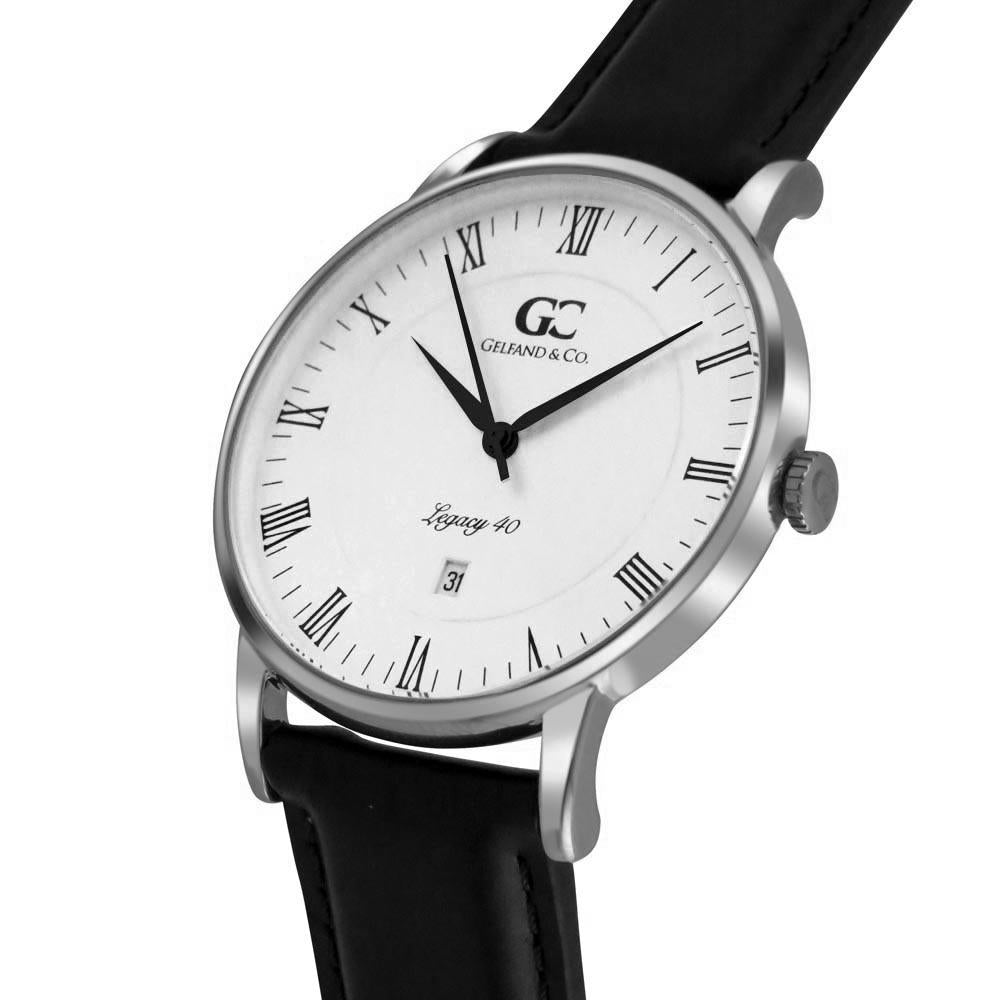 40mm Carnegie RN14001 White Silver Black Leather Men's Watch