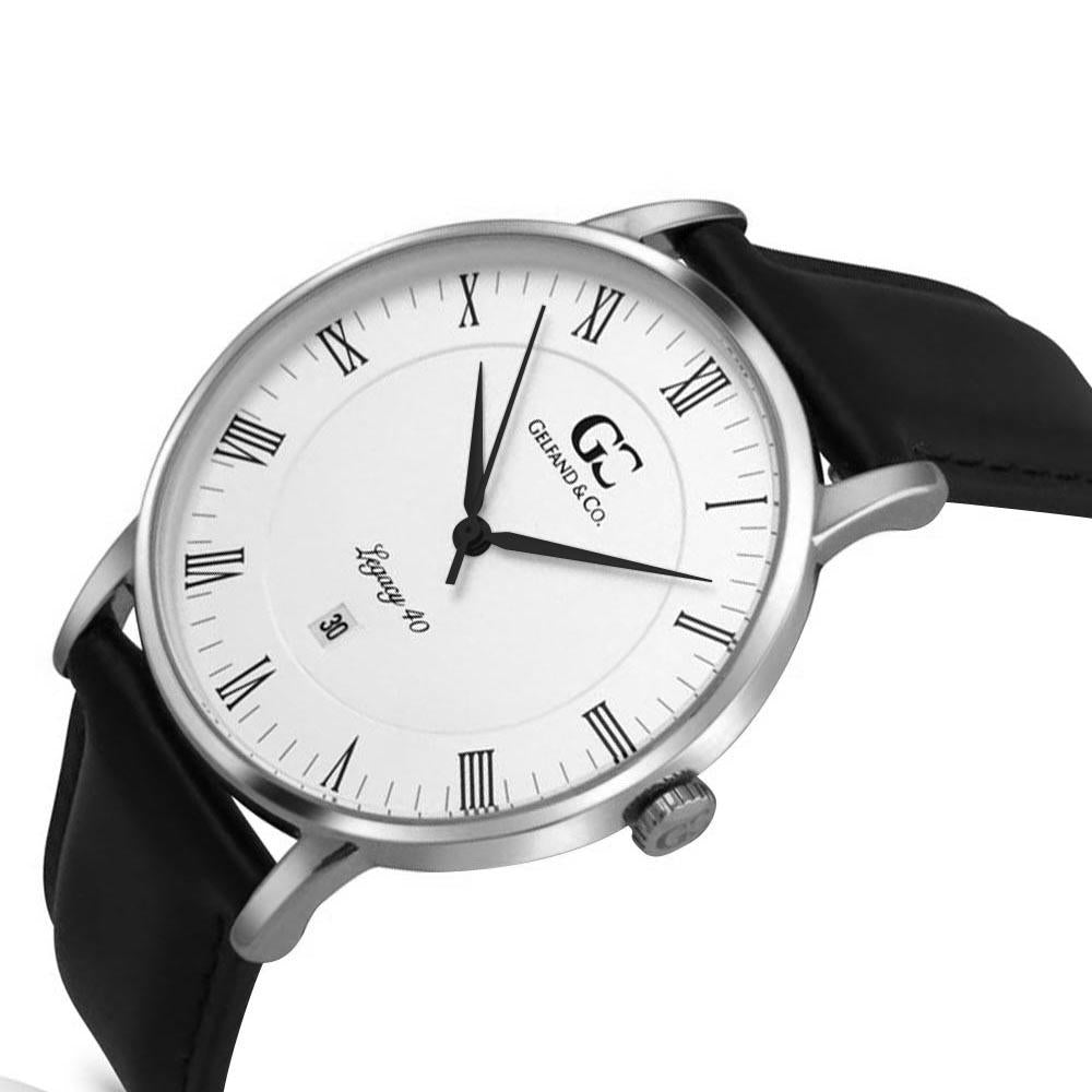 40mm Carnegie RN14001 White Silver Black Leather Men's Watch