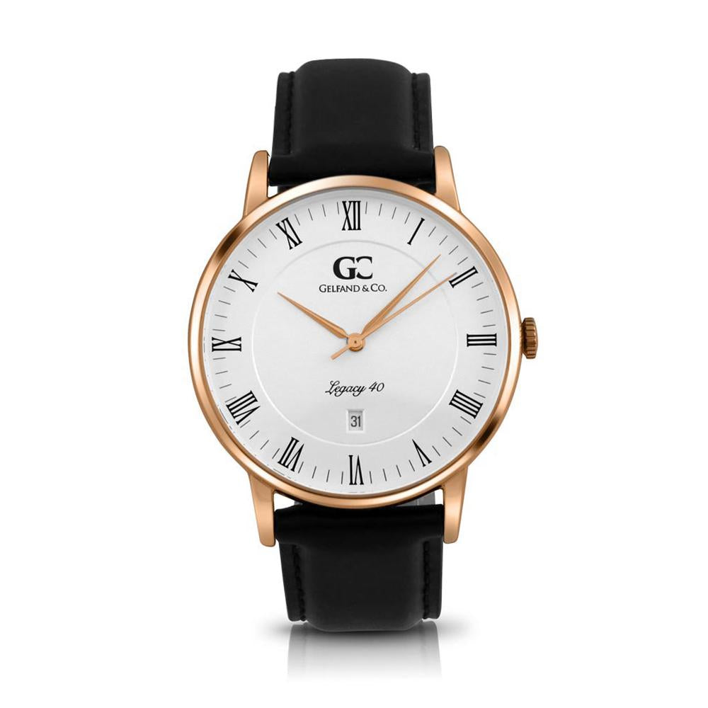 40mm Carnegie RN14002 White Rose Gold Black Leather Men's Watch