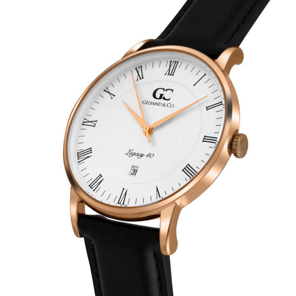 40mm Carnegie RN14002 White Rose Gold Black Leather Men's Watch