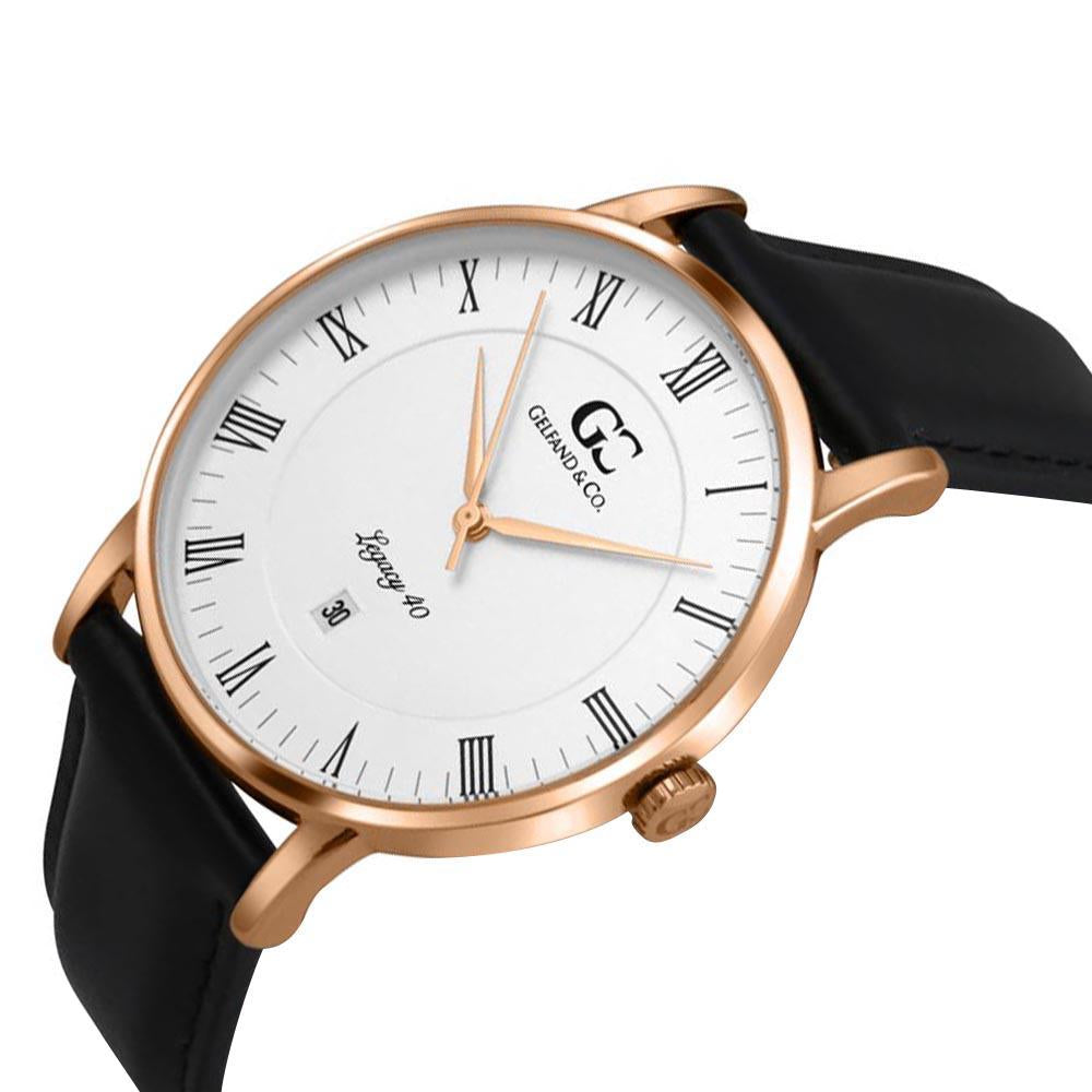 40mm Carnegie RN14002 White Rose Gold Black Leather Men's Watch