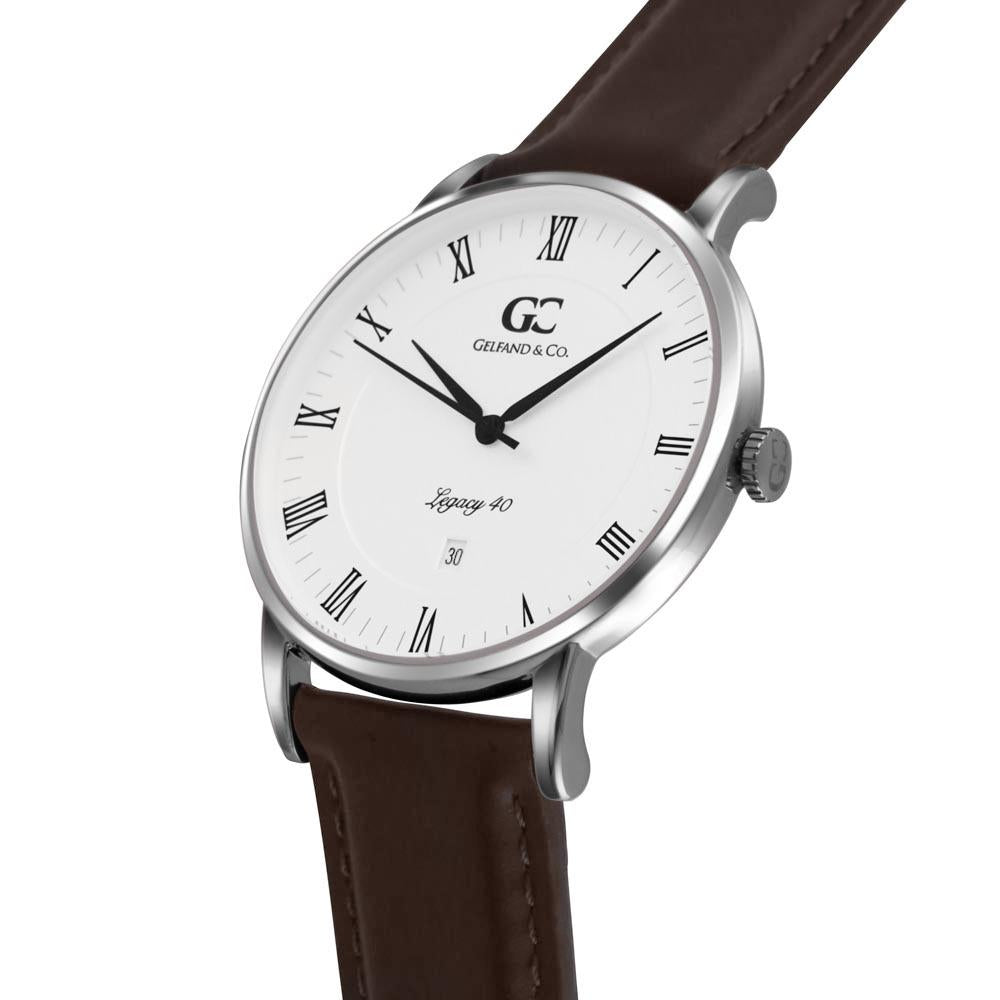 40mm Clarkson RN14009 White Silver Dark Brown Leather Men's Watch