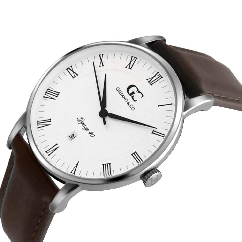 40mm Clarkson RN14009 White Silver Dark Brown Leather Men's Watch