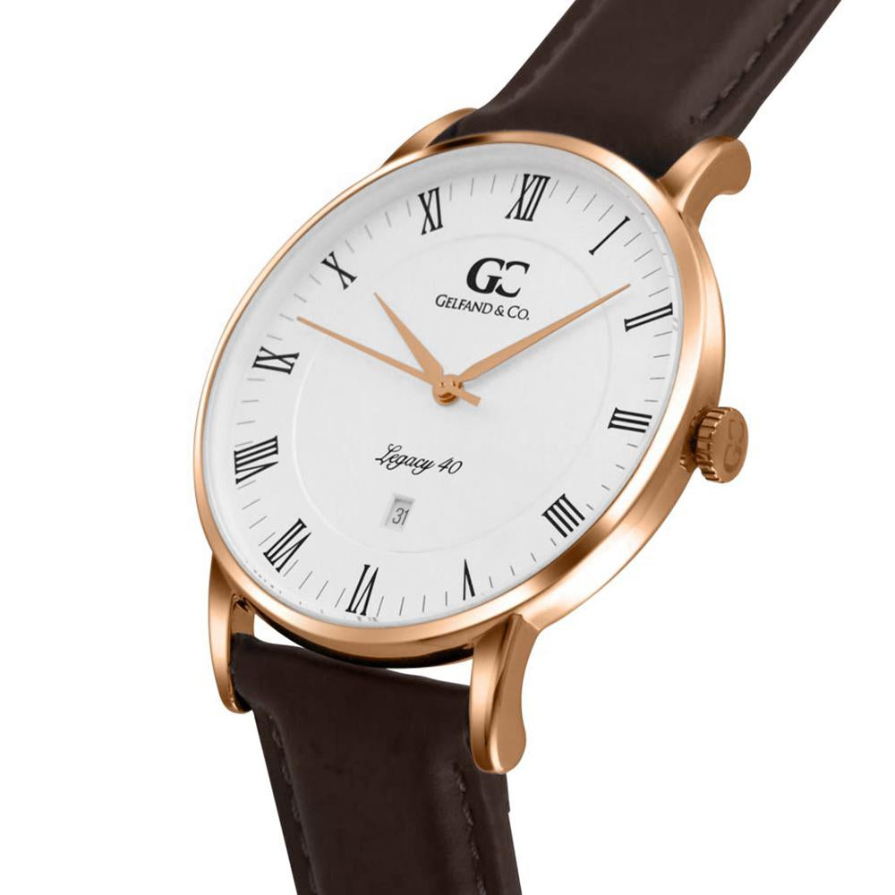 40mm Clarkson RN14010 White Rose Gold Dark Brown Leather Men's Watch