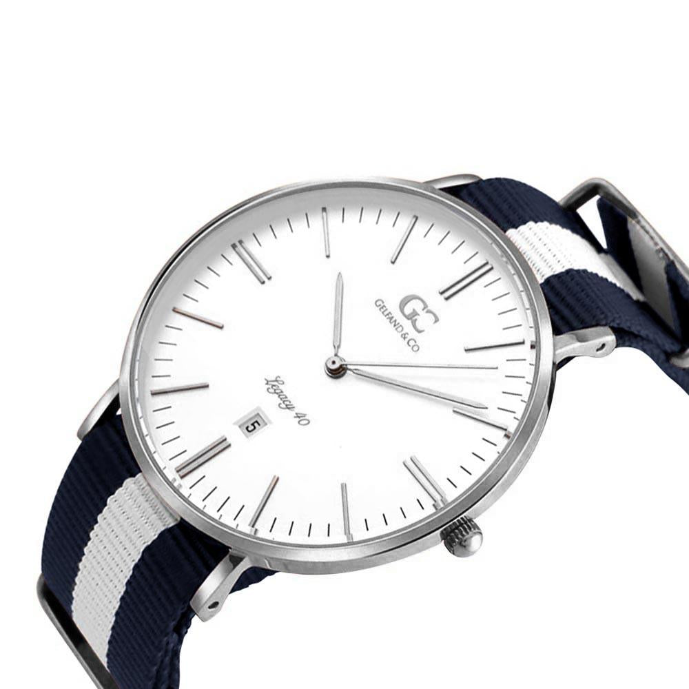 40mm Crosby TL14015 White Navy Blue Silver Nylon Nato Band Strap Men's Watch