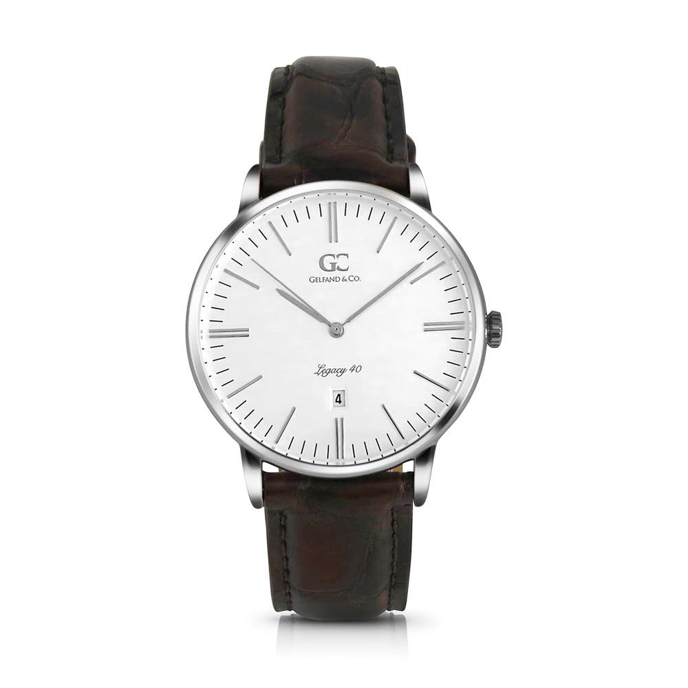 40mm Essex TL14011 White Silver Brown Crocodile Leather Men's Watch