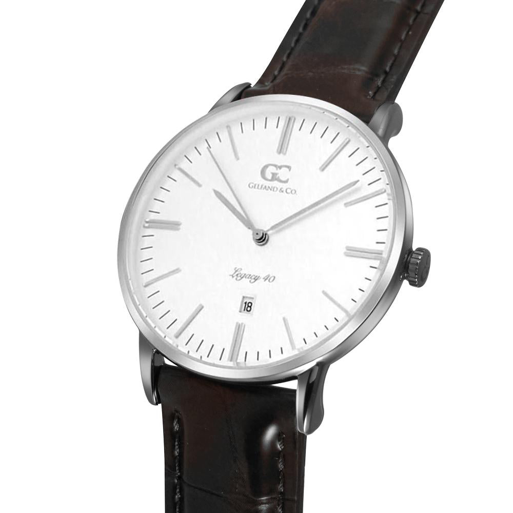 40mm Essex TL14011 White Silver Brown Crocodile Leather Men's Watch