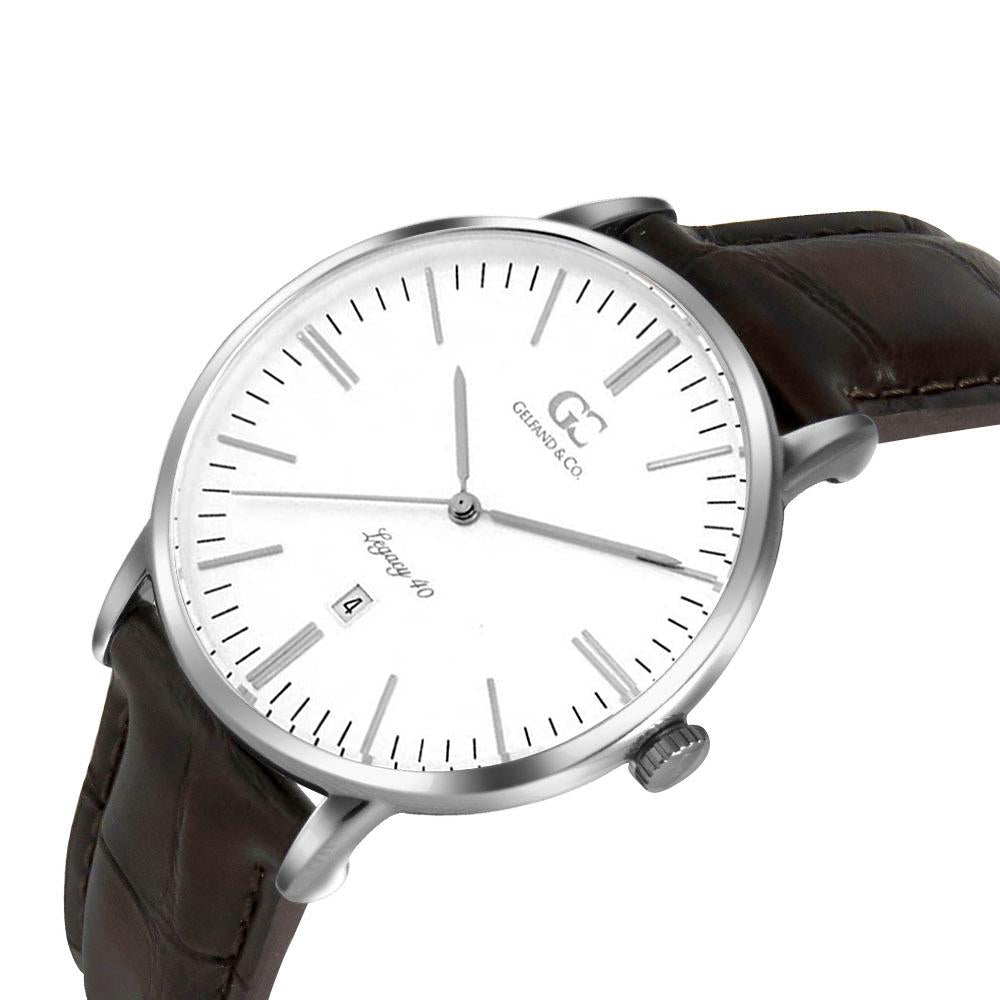 40mm Essex TL14011 White Silver Brown Crocodile Leather Men's Watch