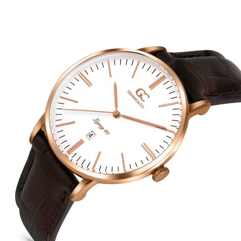 40mm Essex TL14012 White Rose Gold Brown Crocodile Leather Men's Watch