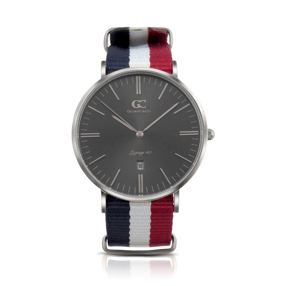 40mm Harrison TL14044 Grey Metallic Silver White Red Navy Blue Nylon Nato Band Strap Men's Watch