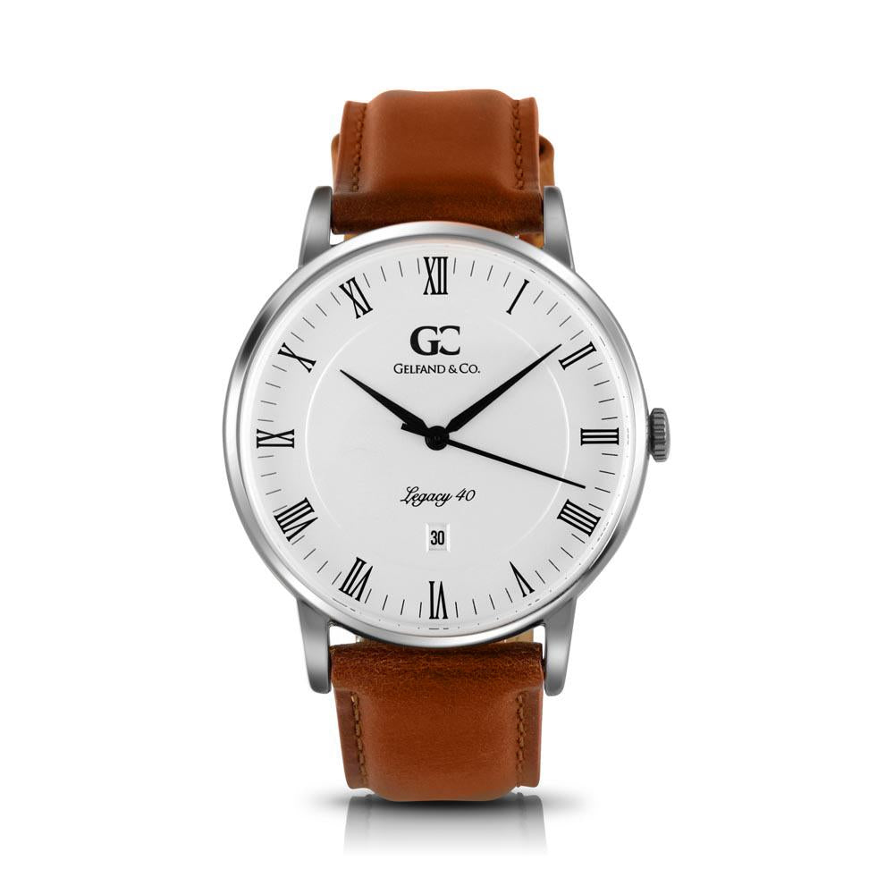 40mm Hubert RN14005 White Silver Light Brown Leather Men's Watch