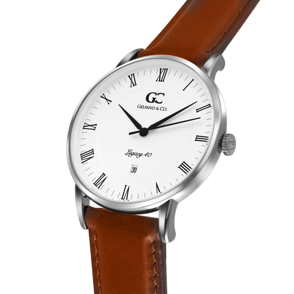 40mm Hubert RN14005 White Silver Light Brown Leather Men's Watch