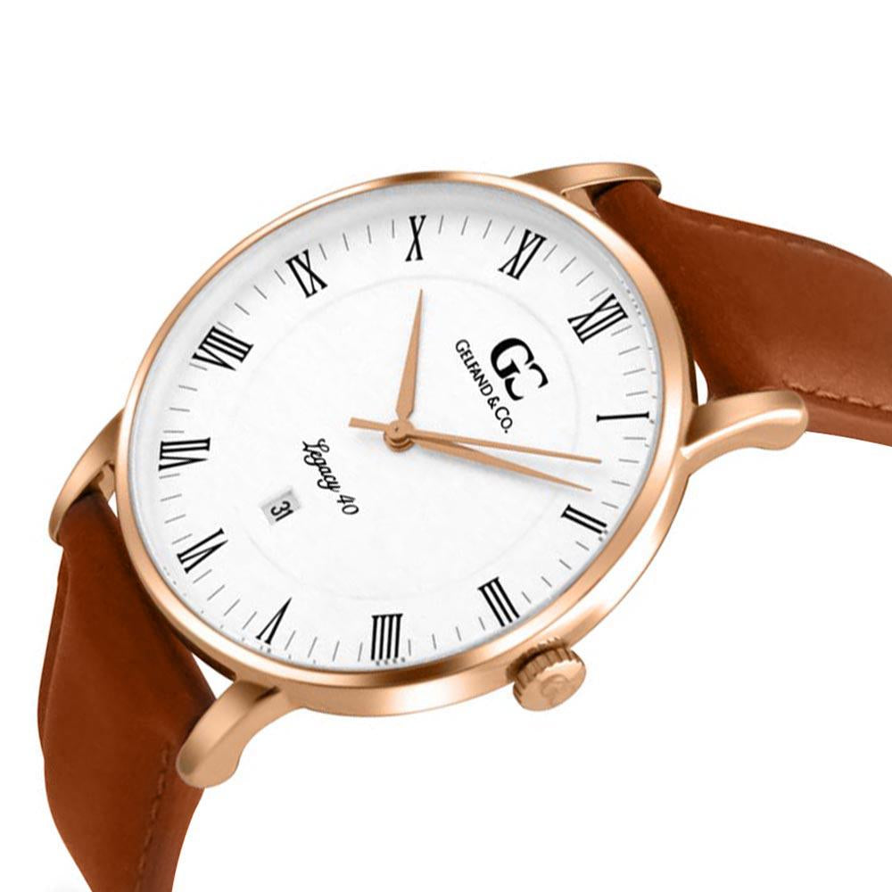 40mm Hubert RN14006 White Rose Gold Light Brown Leather Men's Watch