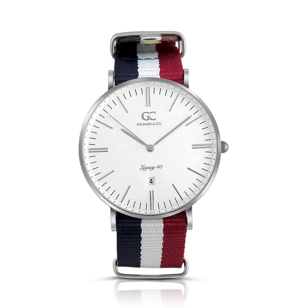 40mm Irving TL14017 White Red Navy Blue Silver Nylon Nato Band Strap Men's Watch