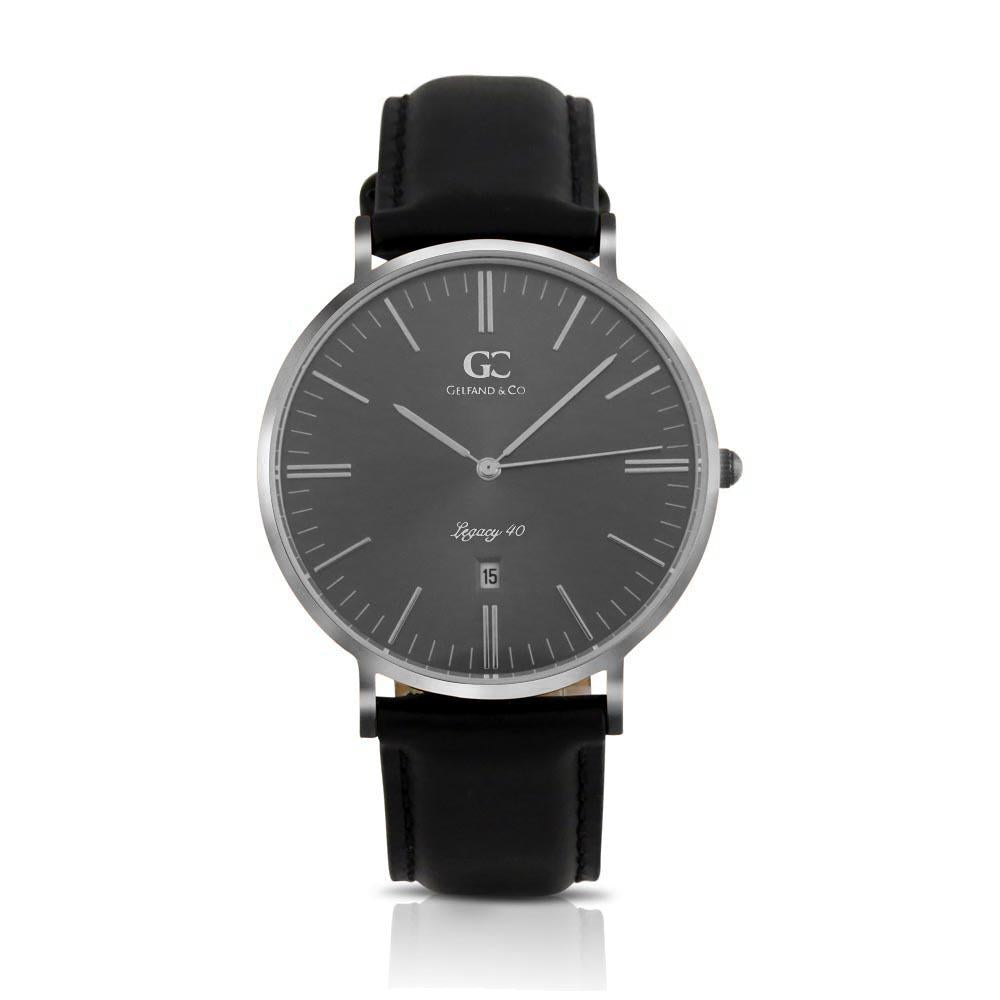 40mm Lafayette TL14036 Grey Metallic Silver Black Leather Strap Men's Watch