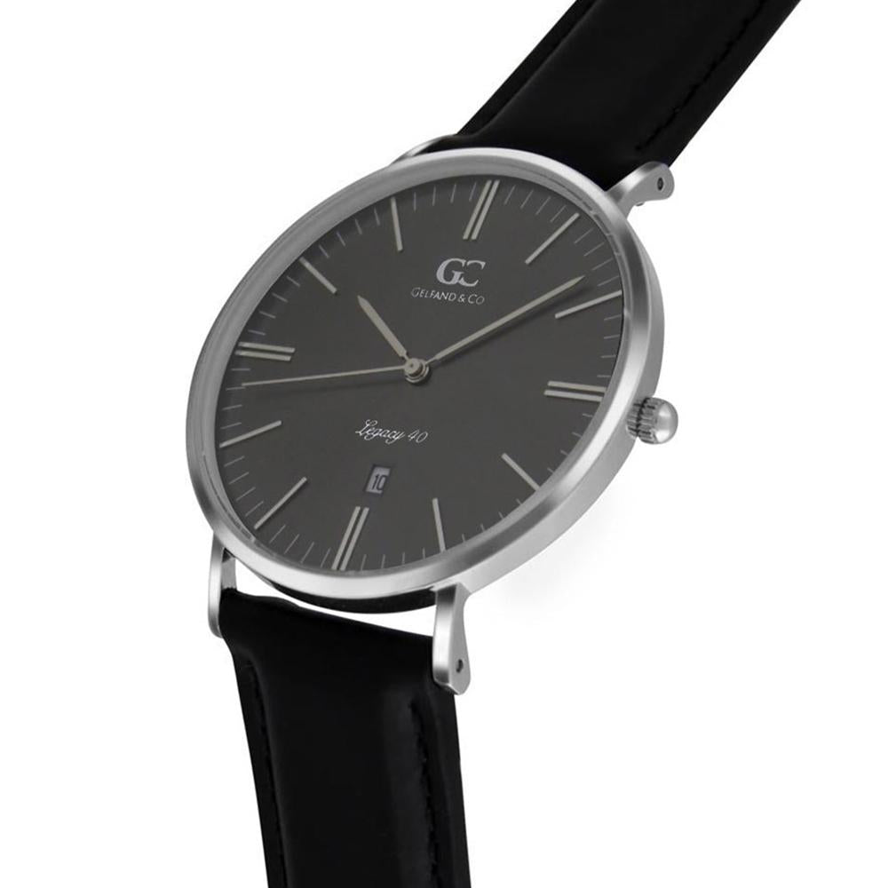 40mm Lafayette TL14036 Grey Metallic Silver Black Leather Strap Men's Watch