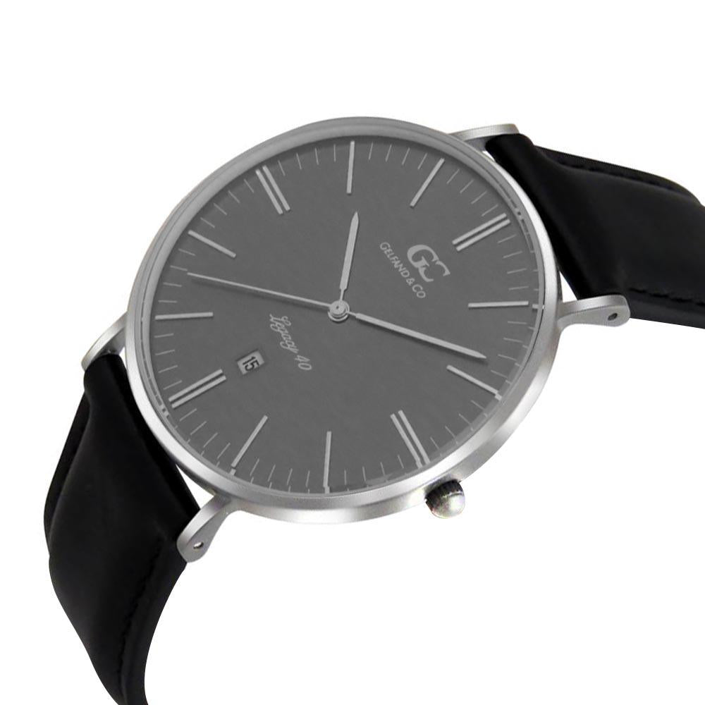 40mm Lafayette TL14036 Grey Metallic Silver Black Leather Strap Men's Watch