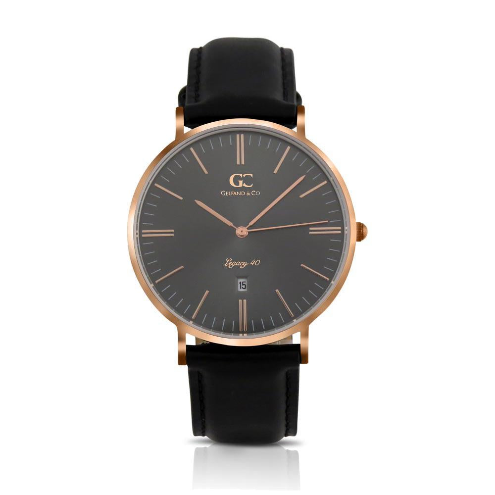 40mm Lafayette TL14037 Grey Metallic Rose Gold Black Leather Strap Men's Watch