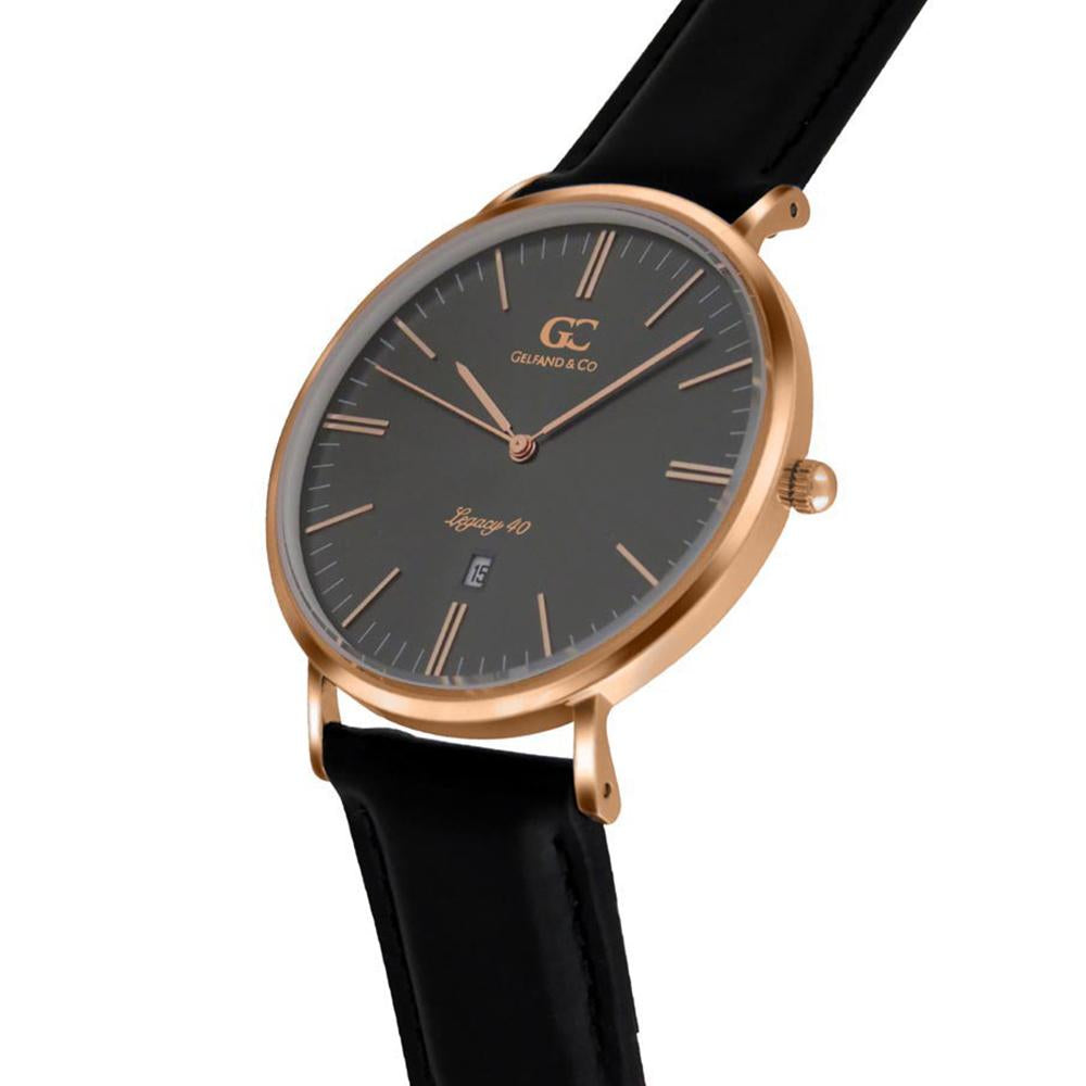 40mm Lafayette TL14037 Grey Metallic Rose Gold Black Leather Strap Men's Watch