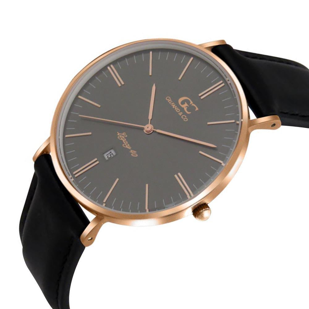 40mm Lafayette TL14037 Grey Metallic Rose Gold Black Leather Strap Men's Watch