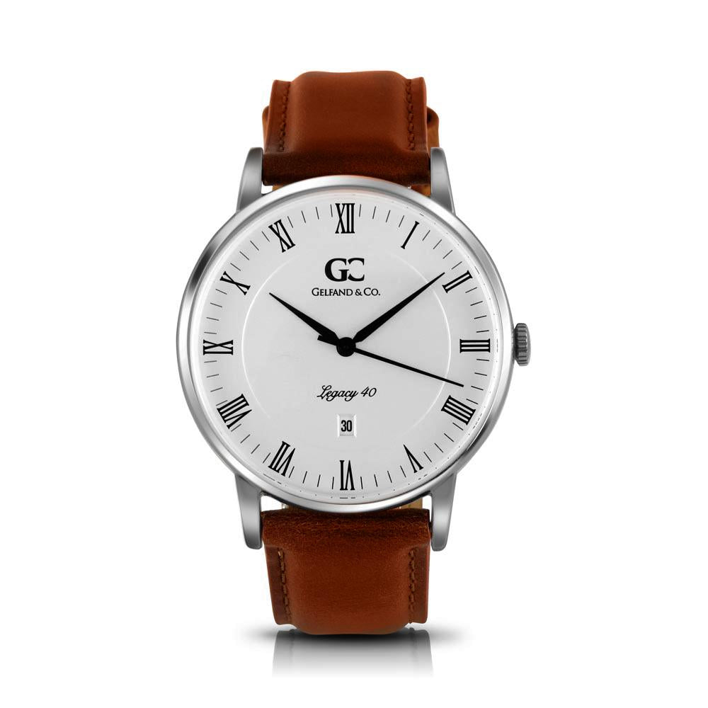 40mm Leroy RN14007 White Silver Medium Brown Leather Men's Watch