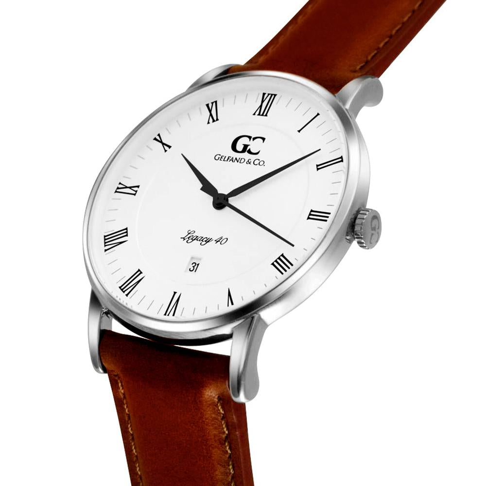 40mm Leroy RN14007 White Silver Medium Brown Leather Men's Watch
