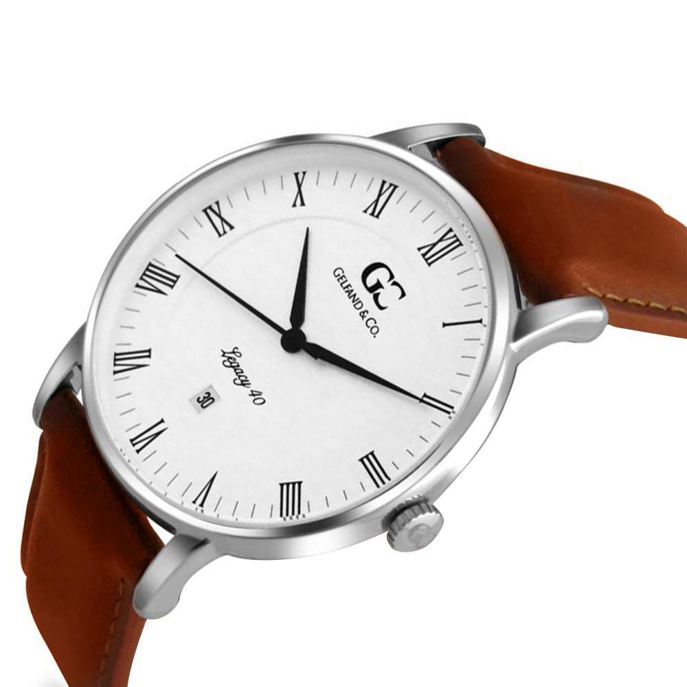 40mm Leroy RN14007 White Silver Medium Brown Leather Men's Watch