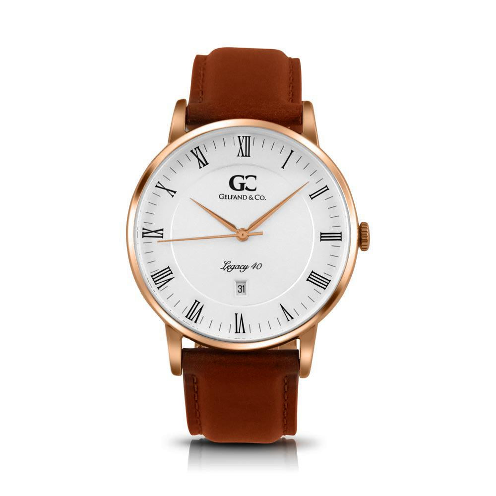 40mm Leroy RN14008 White Rose Gold Medium Brown Leather Men's Watch