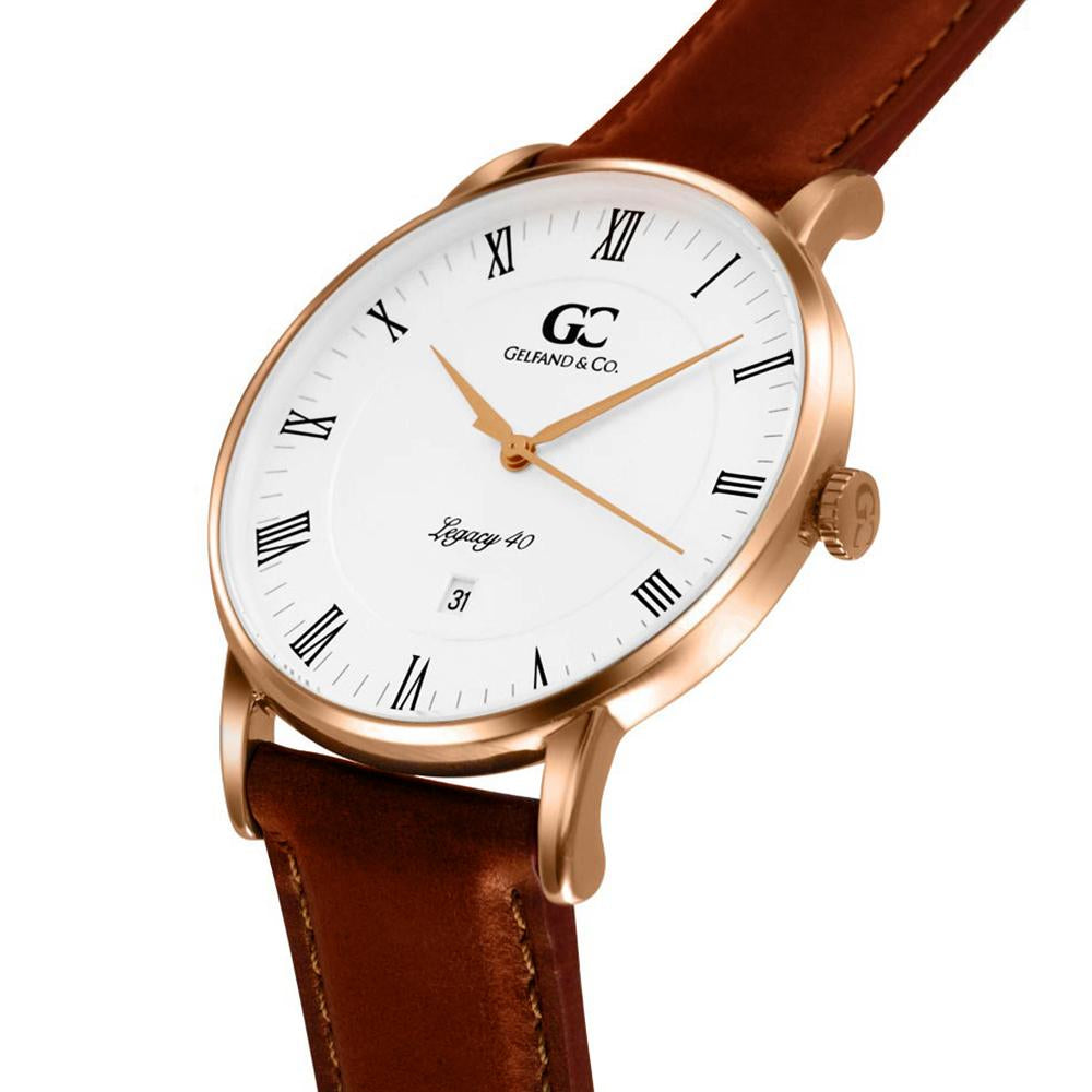 40mm Leroy RN14008 White Rose Gold Medium Brown Leather Men's Watch