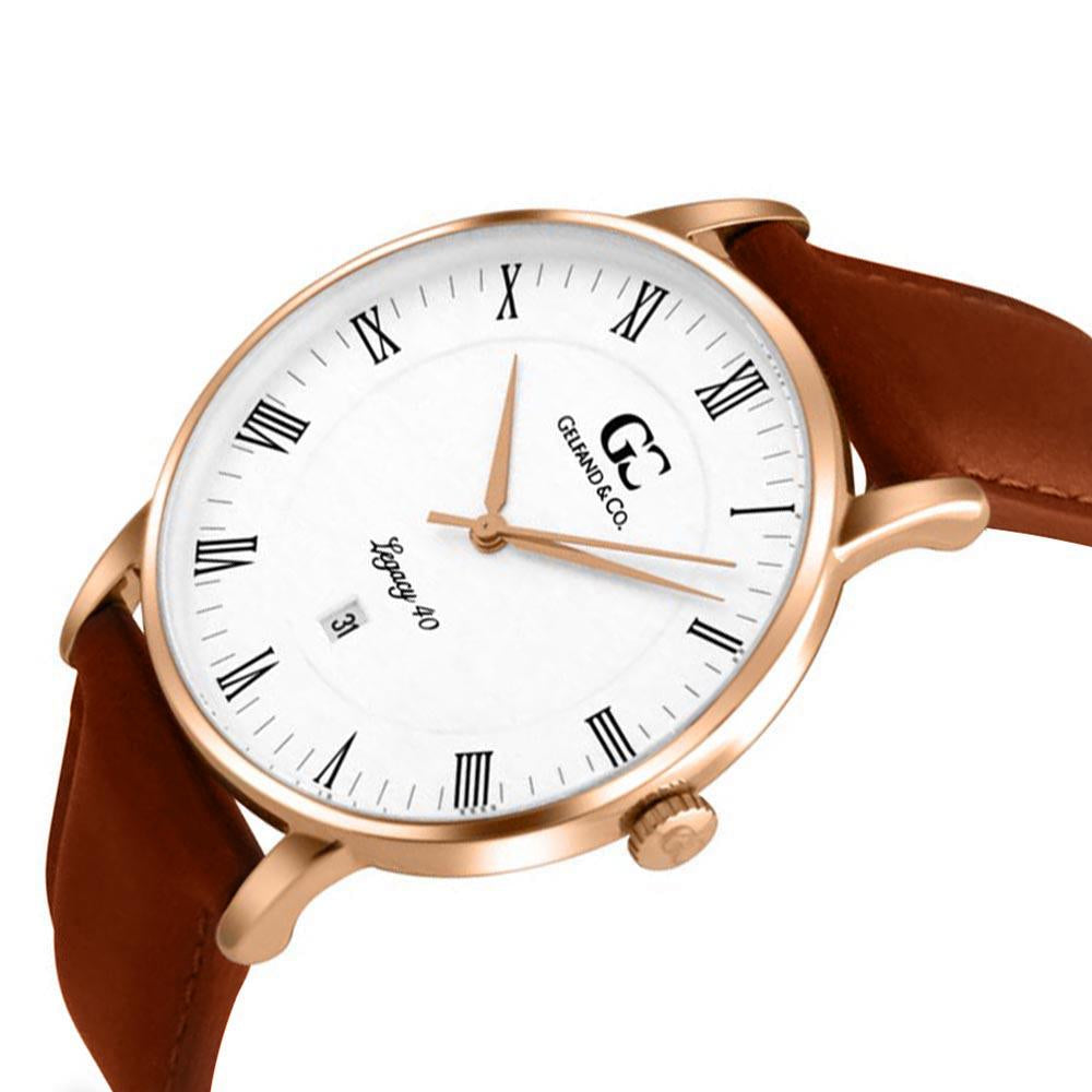 40mm Leroy RN14008 White Rose Gold Medium Brown Leather Men's Watch