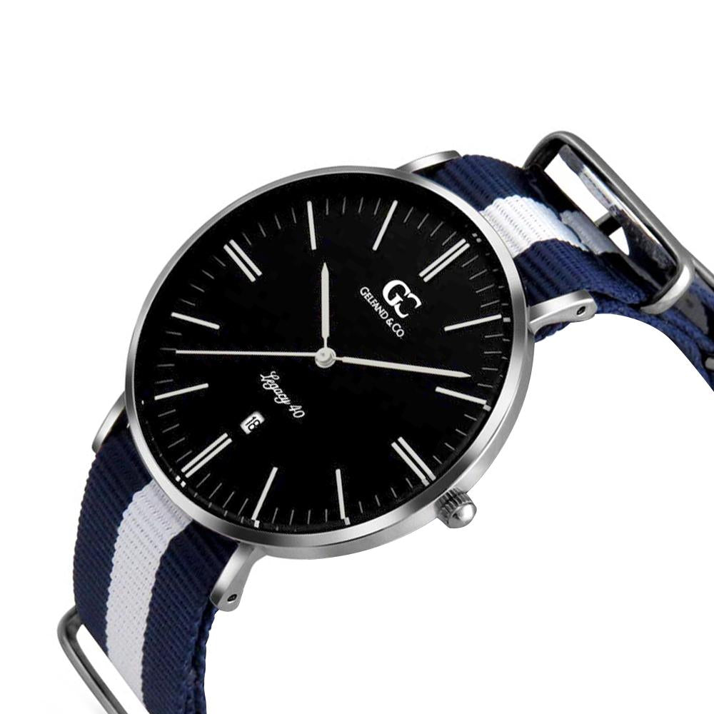 40mm Liberty TL14027 Black White Navy Blue Silver Nato Nylon Band Strap Men's Watch