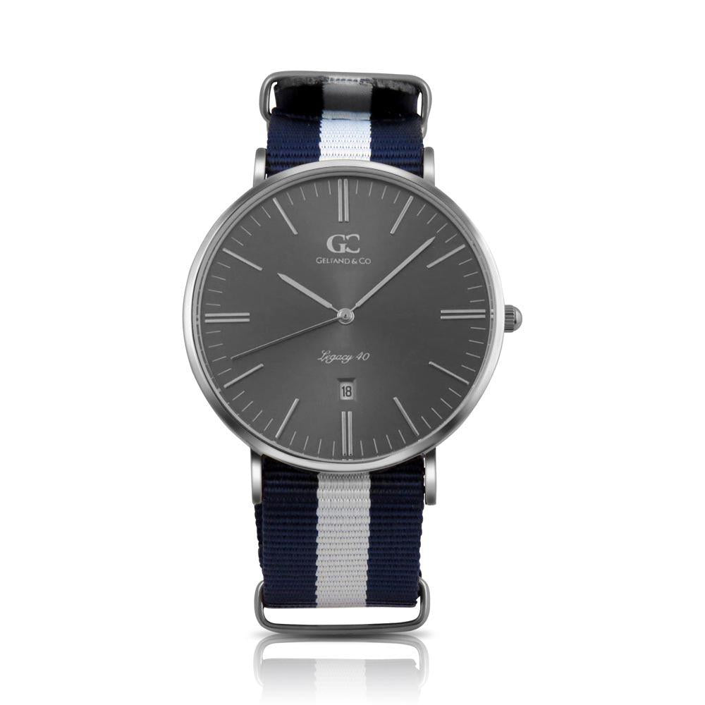 40mm Moore TL14042 Grey Metallic Silver White Navy Blue Nylon Nato Band Strap Men's Watch