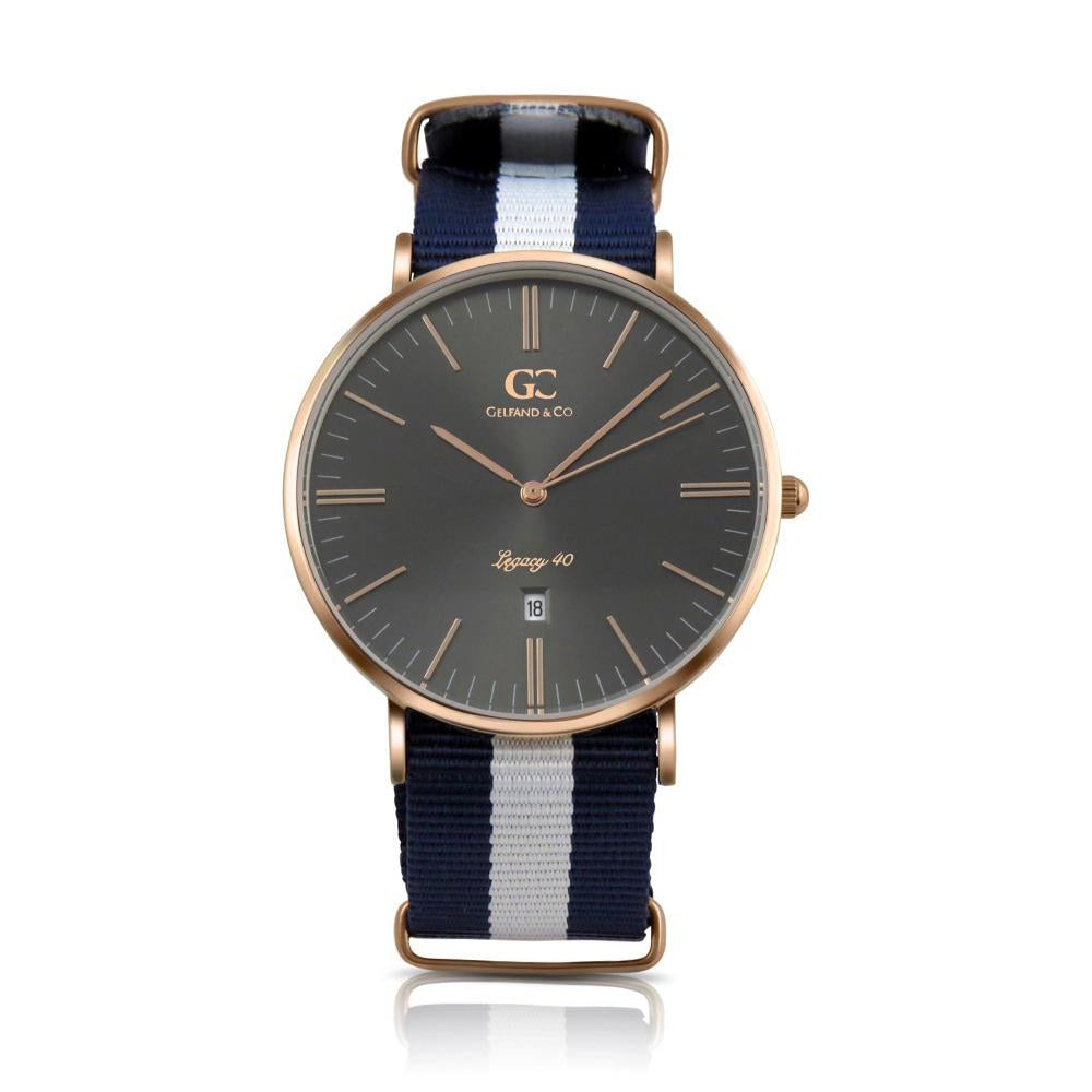 40mm Moore TL14043 Grey Metallic Rose Gold White Navy Blue Nylon Nato Band Strap Men's Watch