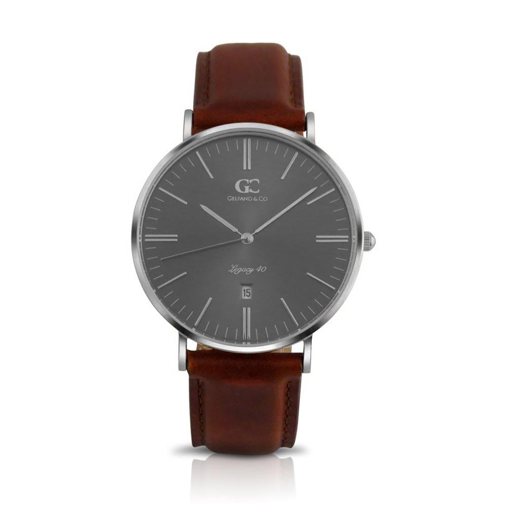 40mm Remsen TL14038 Grey Metallic Silver Brown Leather Strap Men's Watch