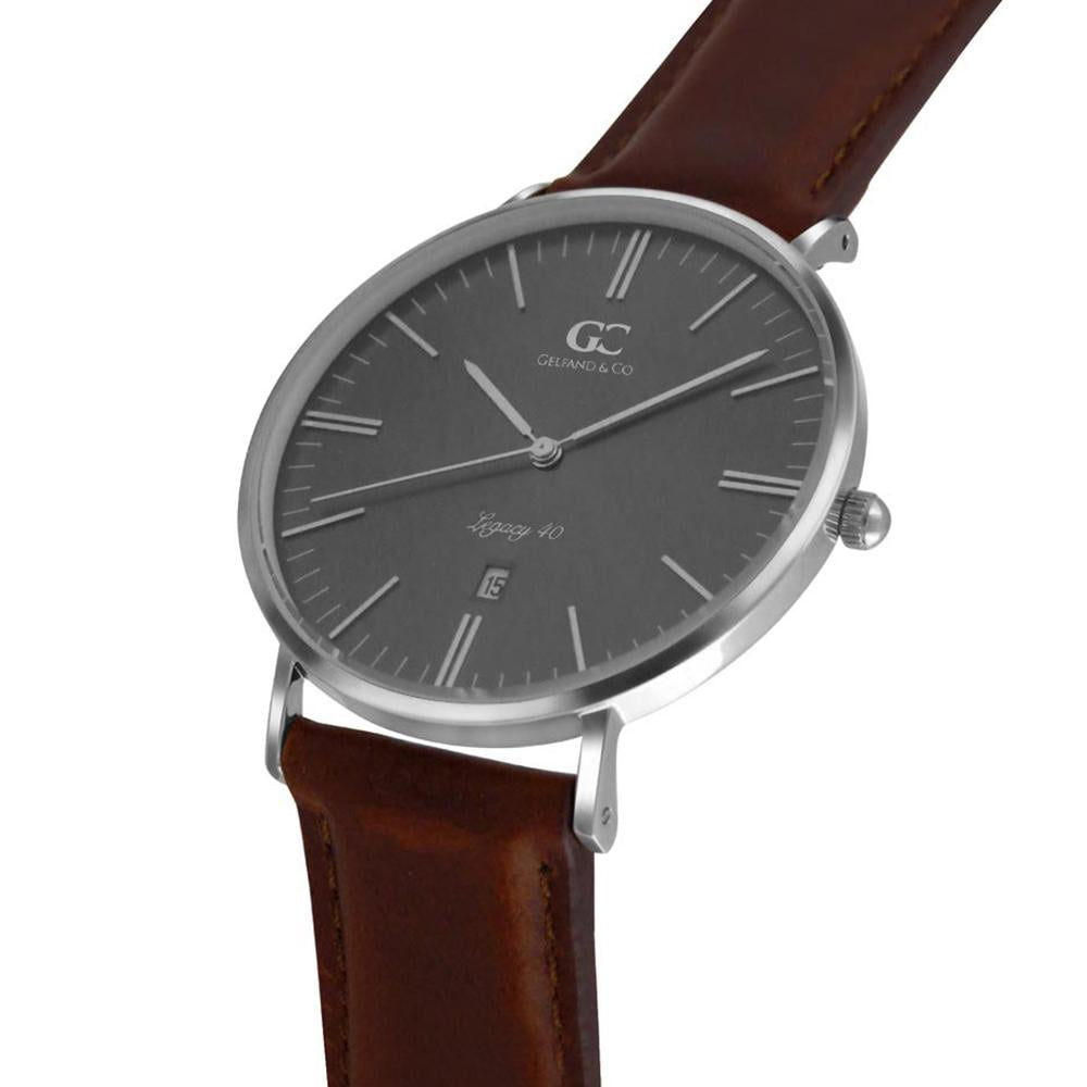 40mm Remsen TL14038 Grey Metallic Silver Brown Leather Strap Men's Watch