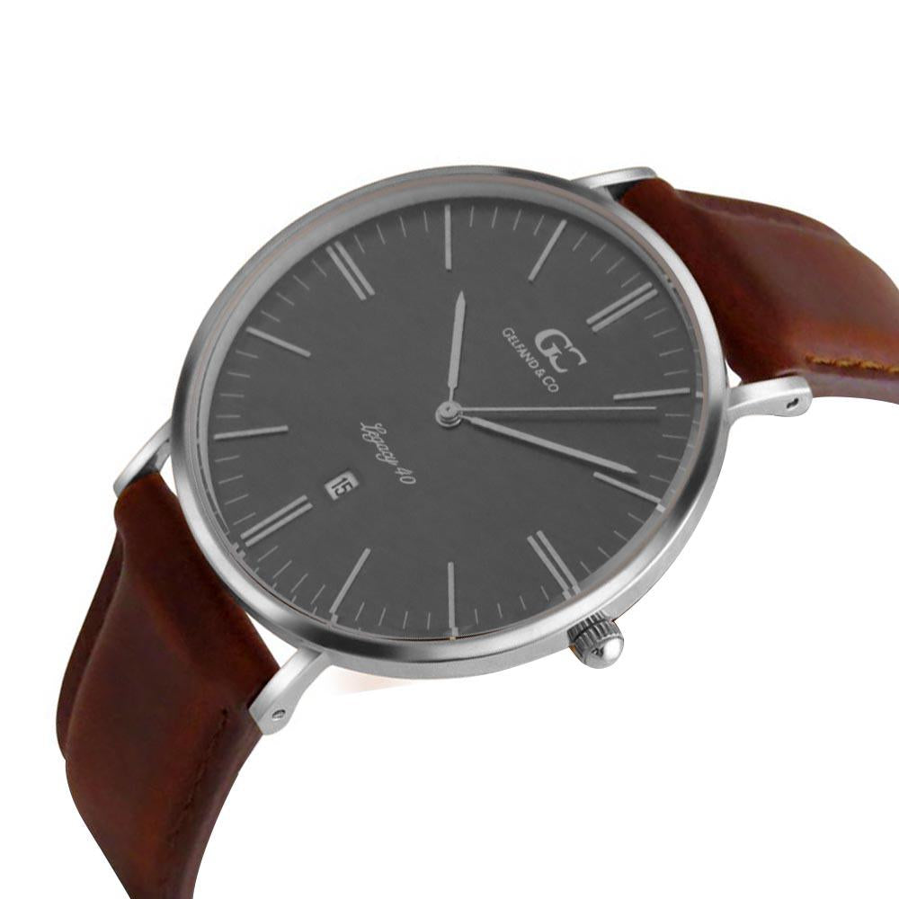 40mm Remsen TL14038 Grey Metallic Silver Brown Leather Strap Men's Watch