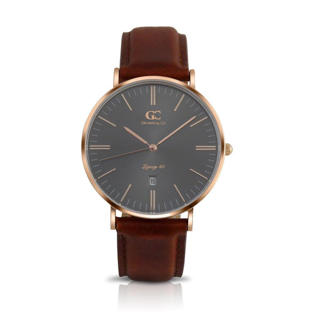 40mm Remsen TL14039 Grey Metallic Rose Gold Brown Leather Strap Men's Watch