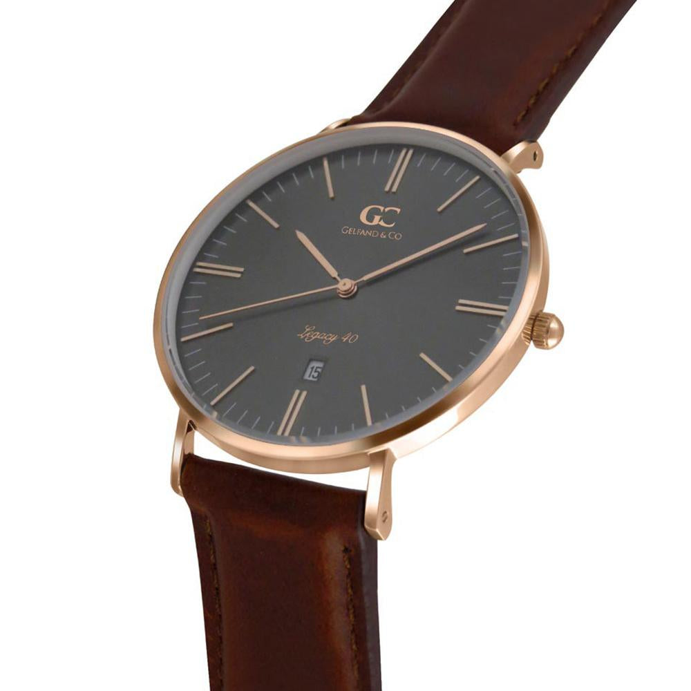 40mm Remsen TL14039 Grey Metallic Rose Gold Brown Leather Strap Men's Watch