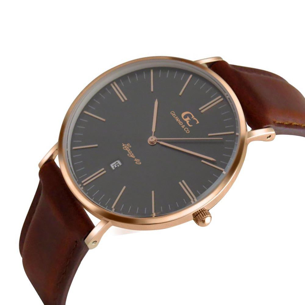 40mm Remsen TL14039 Grey Metallic Rose Gold Brown Leather Strap Men's Watch