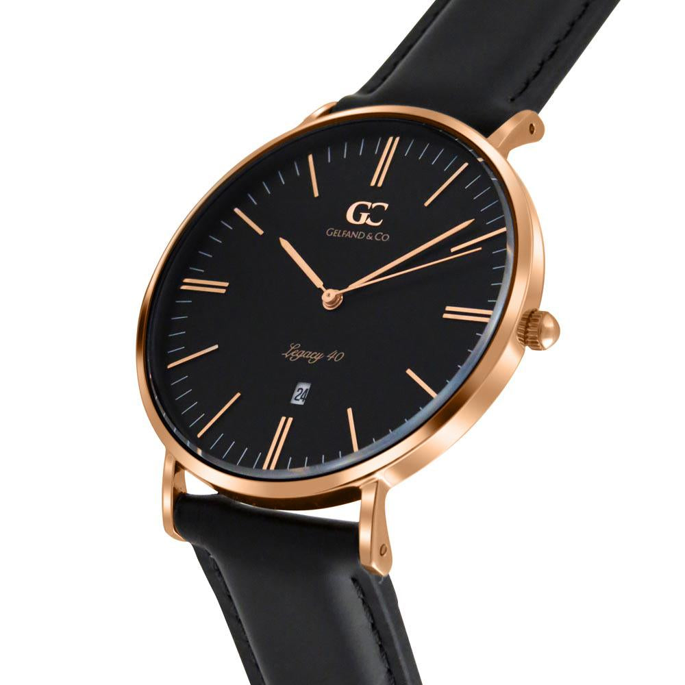 40mm Webster TL14020 Black Rose Gold Black Leather Strap Men's Watch