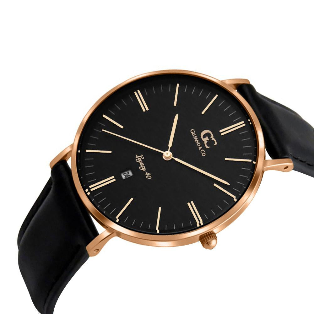 40mm Webster TL14020 Black Rose Gold Black Leather Strap Men's Watch